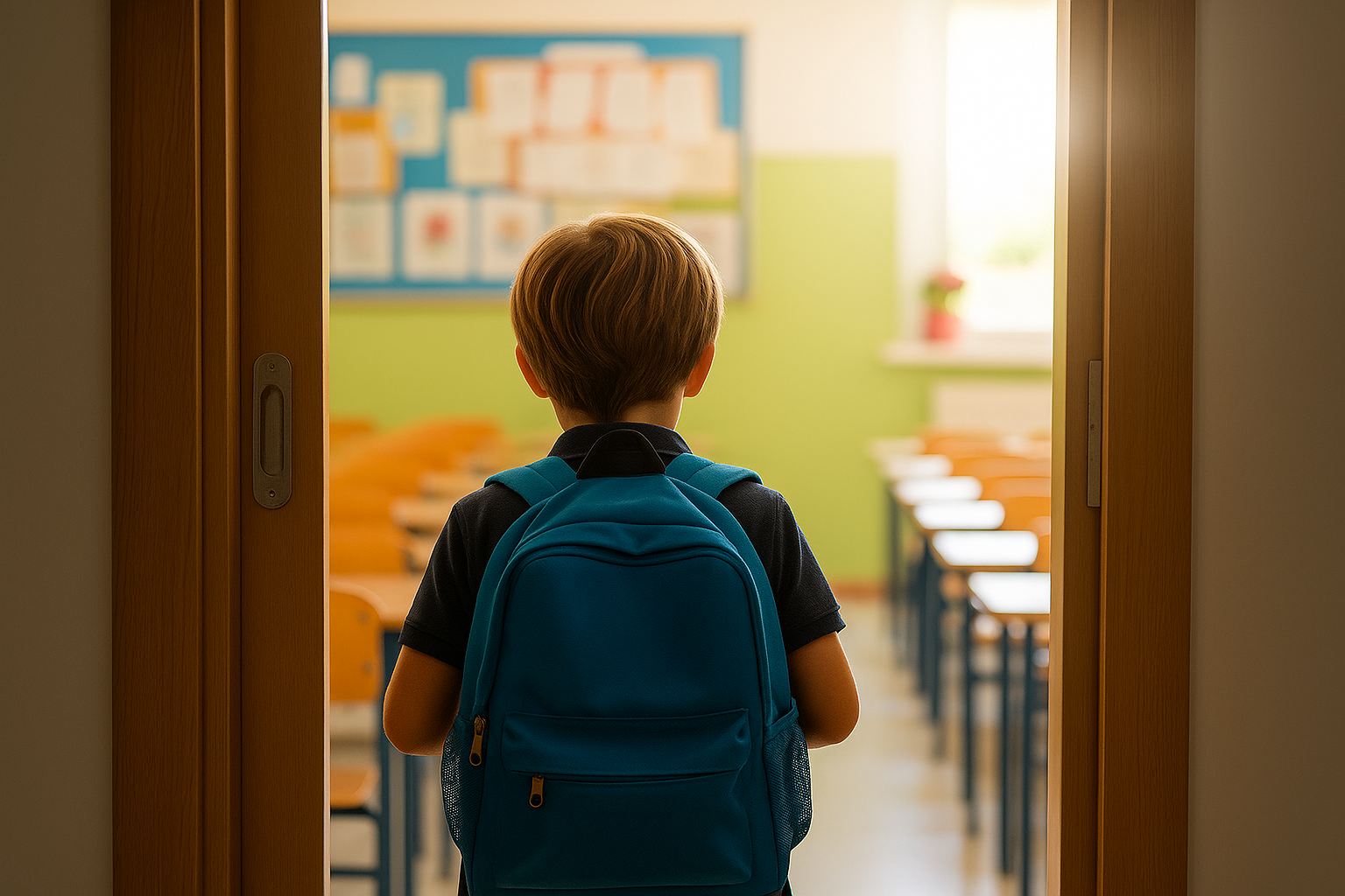Een jong kind met een rugzak, dat zich voorbereidt om een heldere, overdekte ruimte binnen te gaan, mogelijk een klaslokaal of school.